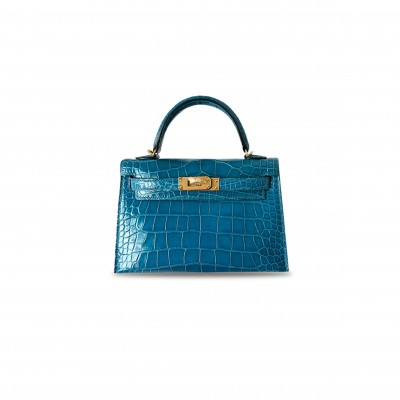 HERMÈS MASTER MINI KELLY II SELLIER ALLIGATOR CROCODILE BLUE IZMIR GOLDEN HARDWARE (19*12*5.5cm) 